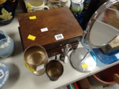 A small chrome framed shaving mirror, two cased sets of cutlery etc