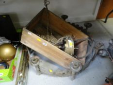 A hanging coronet-style ceiling chandelier & sundry metal work, brass stair rods etc