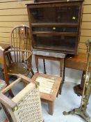 An unusual oak & glass merchandising cabinet together with a barley-twist table, rush stool etc