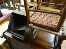 A brass pedonium & two rush seated stools