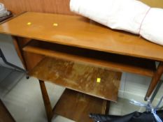 A vintage Long John coffee table with shelf together with a square topped occasional table on