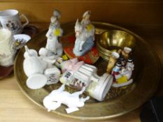 A Persian brass tray, dishes & sundry china figural ornaments