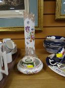 A continental porcelain floral chimney vase, a Dresden dish & a Dresden ink pot