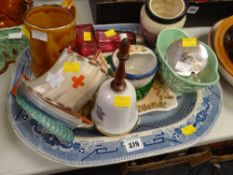 A blue & white platter, sundry items of pottery & two items of cranberry glass