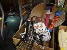 A pair of bargeware candlestick holders & tapestry fabric etc