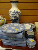 A parcel of Wedgwood Jasperware including boxed plates and a blue & white Wedgwood vase etc
