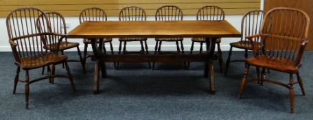 A GOOD ARTS & CRAFTS REFECTORY TABLE of joined oak form with X shaped supports and long stretcher,
