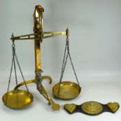 A SET OF BRASS TRIPOD PILLAR SCALES with dishes and insribed H POOLE & SON LIMITED, BIRMINGHAM