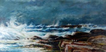 L DEAKIN oil on canvas - crashing waves on rocks with seagull's, signed and dated 1902, 30 x 60cms