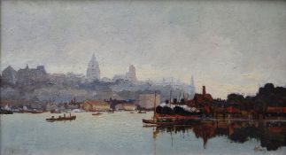 KENNETH HOLMES oil on board - busy seaport with church and other buildings in background entitled