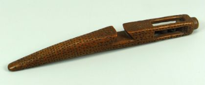 AN EIGHTEENTH CENTURY FRUITWOOD TREEN KNITTING SHEATH of curved form with chiselled decoration and