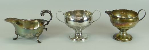 A PARCEL OF ITEMS including sterling silver, cream jug & matching twin-handled sugar basin, an
