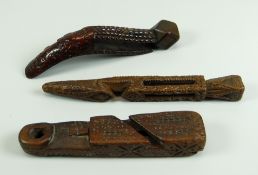 A PARCEL OF THREE HEAVILY-CARVED EIGHTEENTH CENTURY KNITTING TREEN ITEMS including a hollowed