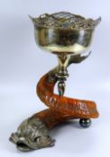 AN ANTLER HORN & EPNS TABLE CENTRE-PIECE in the form of a sea-creature with mouth open, 35cms high