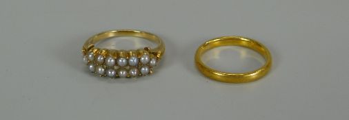 A 22CT YELLOW GOLD WEDDING BAND & A YELLOW GOLD & PEARL RING, 7.89gms total Provenance: entered by