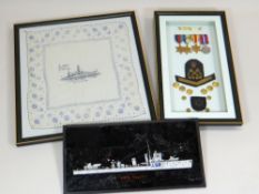 A FRAMED GROUP OF FOUR WWII MEDALS together with Naval buttons and epaulette and through the same