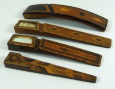 FOUR NINETEENTH CENTURY TREEN CURVED KNITTING SHEATHS each with inlaid marquetry, including