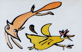 ALAN EVANS watercolour - cartoon-style depiction of fox chasing a hen, signed and dated '90, 11 x