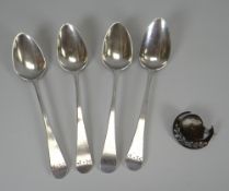 FOUR GEORGIAN SILVER TEA-SPOONS the handles inscribed with the initials M+P, believed London 1808,