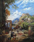 L DEAKIN oil on canvas - street sellers and beggars on terrace overlooking sea port, possibly