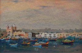 KENNETH HOLMES oil on board - entitled verso 'Marsaxlokk' traditional fishing village in the South