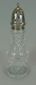 A SILVER TOPPED CUT-GLASS CASTOR London 1949