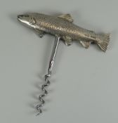A NOVELTY CORKSCREW with hallmarked silver handle in the form of a fish, having a texture scale