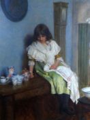 A GRAY SMITH oil on canvas - believed early twentieth century of young female 'Spring Cleaning'