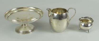 A PARCEL OF SILVER / PART-SILVER ITEMS comprising tazza, cream jug and salt in the form of a
