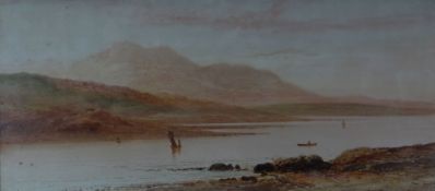 W H EARP watercolour - sailing & rowing boats on lake with mountain in background, 26 x 56cms