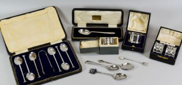 A PARCEL OF SILVER TABLEWARE including cased set of six coffee spoons with sugar tongs, a cased