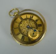 AN 18CT GOLD GENT'S POCKET-WATCH with the brass dial having a floral engraved interior, subsidiary