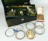 NINA FAGNANI'S VINTAGE JEWELLERY BOX EMBOSSED 'N.F' & CONTENTS including brooches, pearls, silver