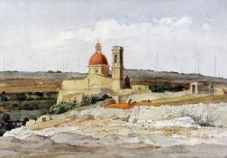 KENNETH HOLMES watercolour - Mediterranean hill top church with figure driving goats, signed,