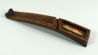 A NINETEENTH CENTURY CURVED KNITTING SHEATH with dart marquetry borders and glazed panel over the