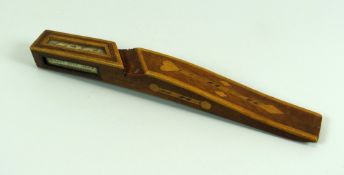 A NINETEENTH CENTURY TREEN KNITTING SHEATH of curved form with marquetry inlay and five inset glazed