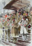PETER KNOX ink & colour wash - crowd standing on the terraces at a football match entitled '