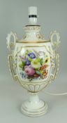 A WHITE GROUND FLORAL PAINTED LAMP-BASE applied with elaborate handles and swags, picked out in gold