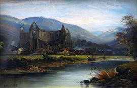 G WILLIS PRYCE oil on canvas - view of Tintern Abbey from across the River Wye, 30 x 45cms