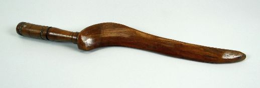 A GOOSE-WING FRUITWOOD TREEN KNITTING SHEATH with turned carved handle and faint floral scratching