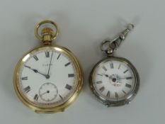 A GOLD PLATED ELGIN POCKET WATCH & A BRIGHT-CUT SILVER LADIES POCKET WATCH