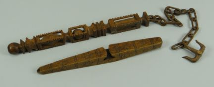 TWO CARVED TREEN KNITTING STICKS circa 1800-1820, one with ball and cage carving and carved chain to