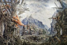 UNKNOWN watercolour - surreal apocalyptic-type scene with medieval castle overlooking from