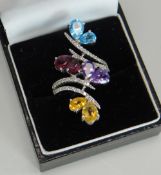 A MODERN 18CT WHITE GOLD, DIAMOND TRICOLOUR GEMSTONE RING