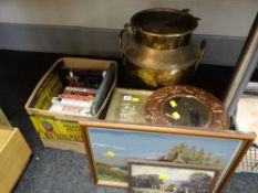 Brass churn, copper framed mirror, nautical brass coal box and a quantity of books