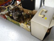 Case of gramophone records and a box of brassware and EPNS