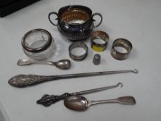 Parcel of mixed silver items including a twin handled sugar basin, napkin rings, spoons etc