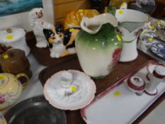 Mixed parcel of pottery including two pottery cats, Staffordshire dog, part toilet sets etc
