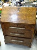 Vintage burr wood three drawer sloped bureau