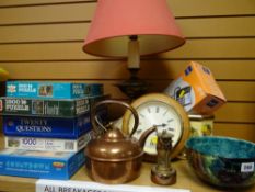 Kitchen clock, lamp, copper kettle, sundry pottery, jigsaw puzzles etc